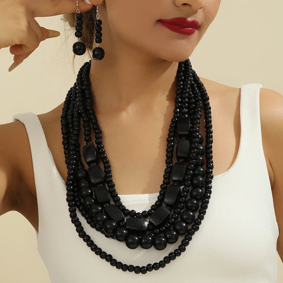 Colorful African Style Multi-Layer Wooden Bead Jewelry Sets Chokers Necklace Colorful Bohemian Necklace Earrings Set Party Jewel