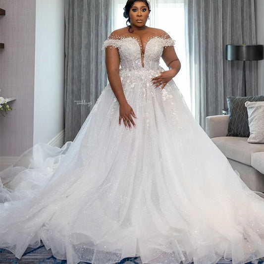 African Sheer Neck Wedding Dresses Beads Sequins Appliques Plus Size Women Bridal Gowns Elegant Vestido De Novia Customized