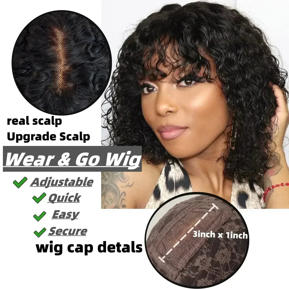 Fake Scalp Curly Wig With Bangs 180% Density Glueless Kinky Curly Brazilian Virgin Human Hair Lace Wigs with Bangs Natural Black