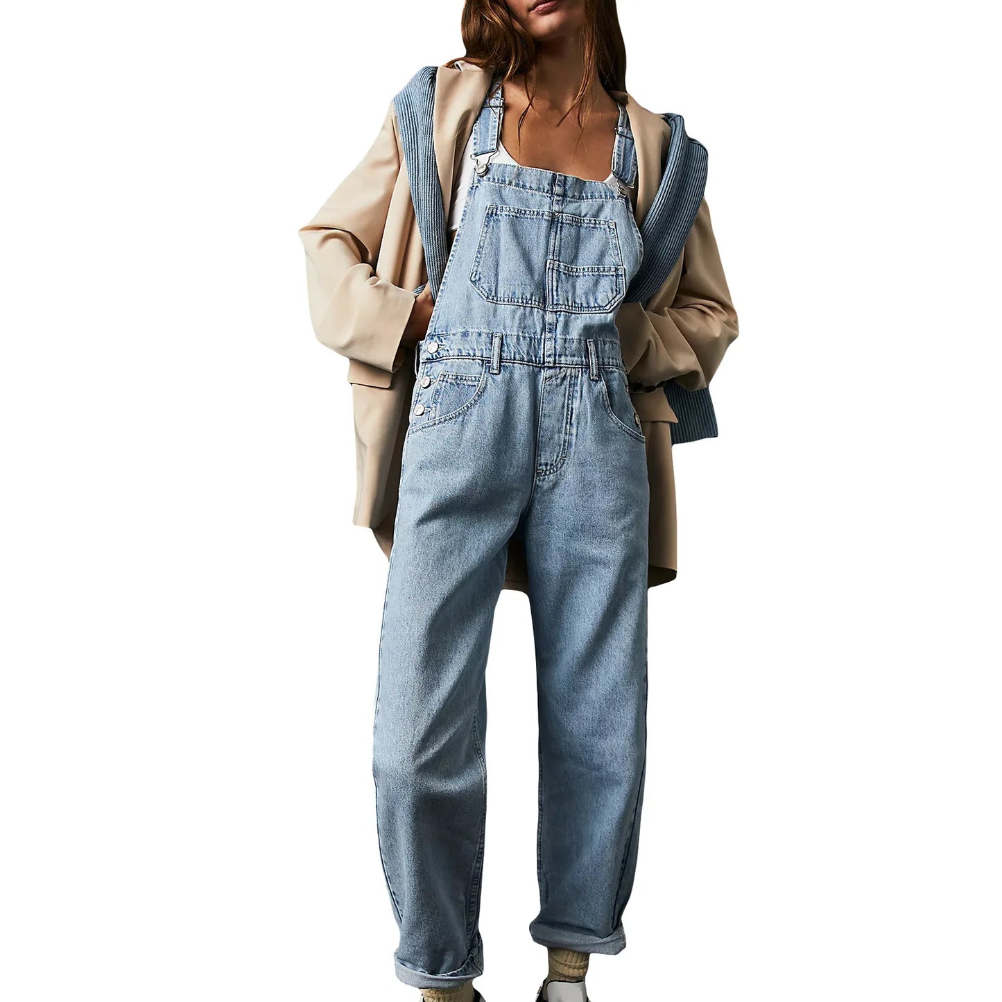 Lady Jumpsuits Retro Loose Straight Shoulder Straps Suspenders Pocket Overalls Casual Commuting Daily Work Wear Fashion Rompers