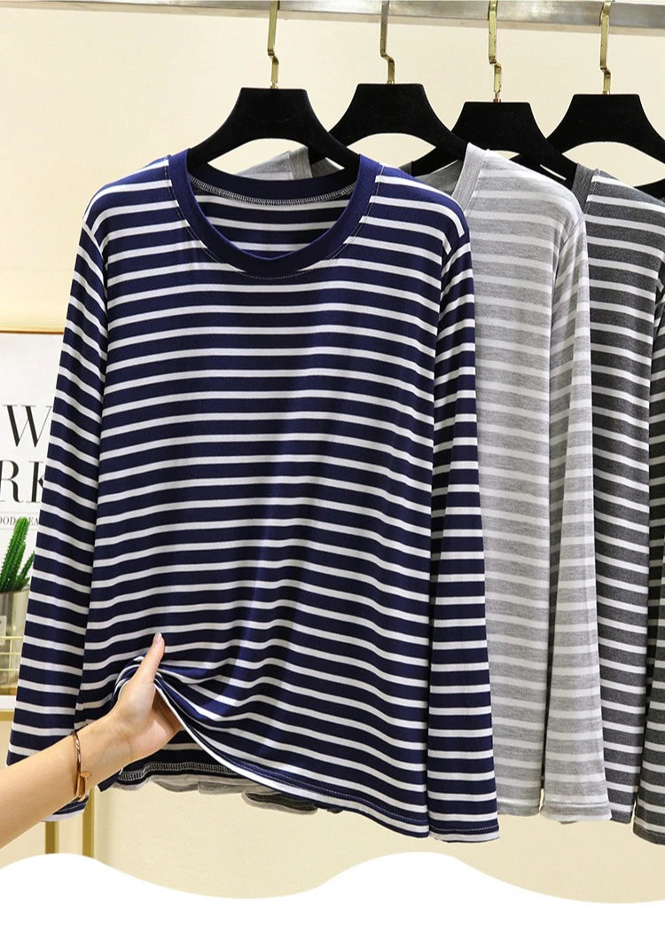 Spring Men Striped T-Shirt Loose and Versatile Sleepwear Round Neck Long Sleeved Top Casual Plus Size Simple Pajamas Homewear