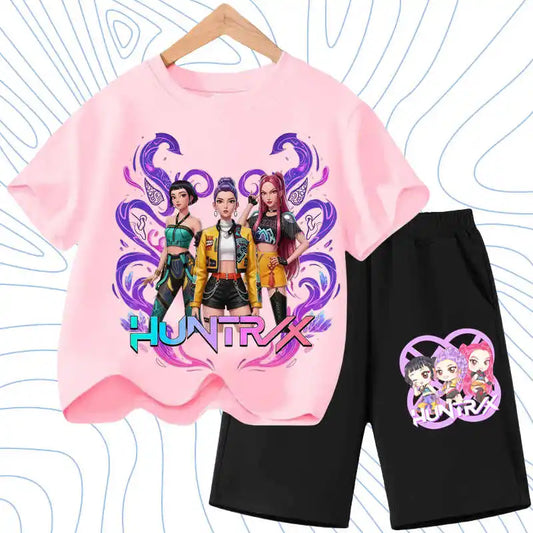 Summer Girls Casual T Shirt Sets K POP Cartoon Printed Kids Fashion Outfits Teen Children's O Neck Short Sleeve Tops Shorts 2pcs
