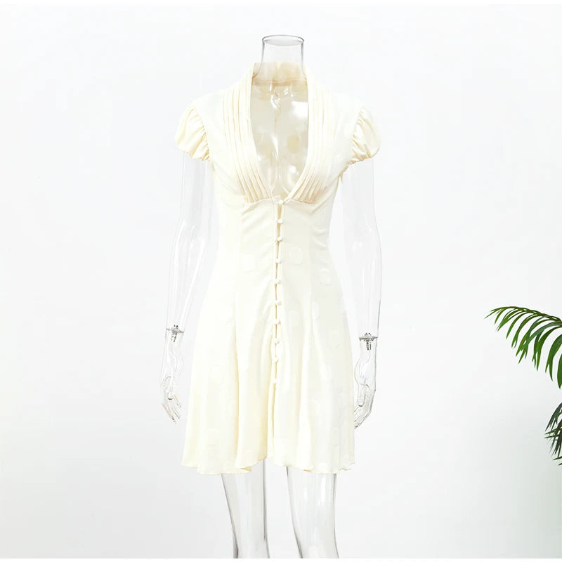 Elegant Solid Polka Dot Dress Women Sexy Deep V Neck Puff Sleeve Waist-cinching Mini  A-line Dresses 2026 Summer Lady Party Robe