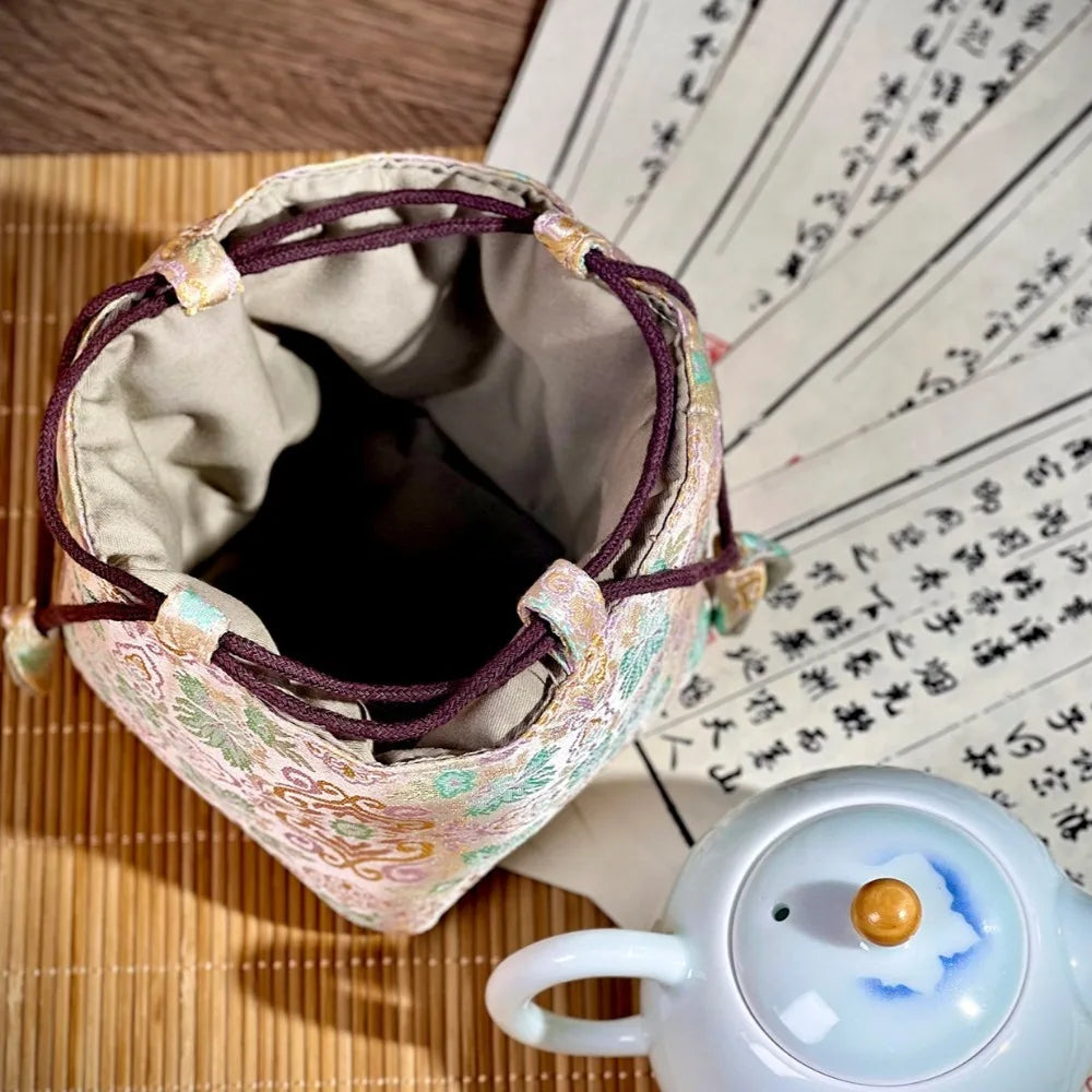 Chinese Style Tea Set Organizer Bag Embroidered Breakage-proof Teacup Drawstring Cloth Pouch Tea Ceremony Accessories