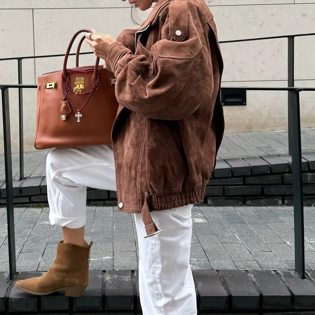 European and American Brown Lapel Irregular Short Loose Jacket Retro Maillard Fashion Casual Top