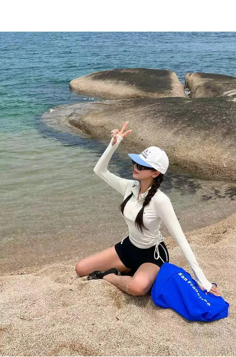 Swimwear Sports Style Long Sleeved Sunscreen Fashion Two-piece Set Women Conservative Slimming Effect Drawstring Flat Corner