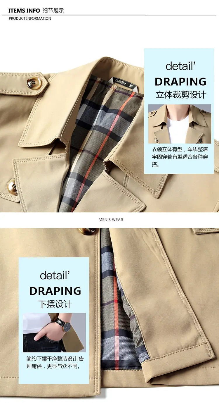 2025 Spring Autumn New Style Windbreaker Men Mid-Length Business Casual Jacket Iron-Free Jacket Large Size Jacket