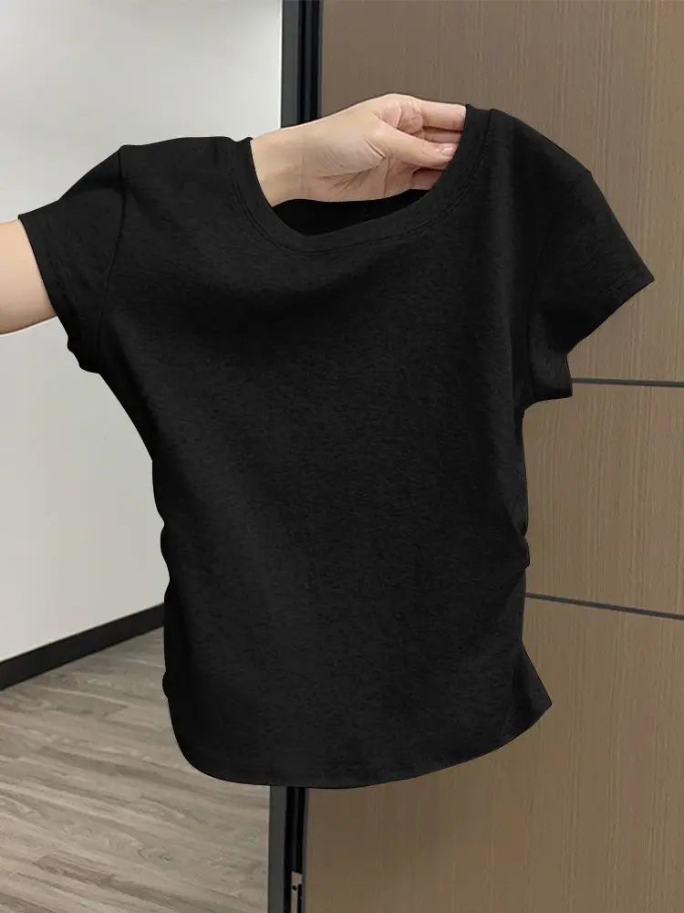 Women Summer Short Sleeve Top Slim Fit Round Neck Tee Breathable Casual
