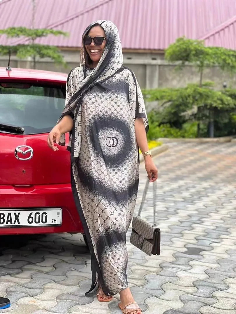 Summer New Fashion African Dresses For Women Elegant Printed Silk Muslim Lady Long Hijab Kaftan Dress Oversize Kuwait Abaya