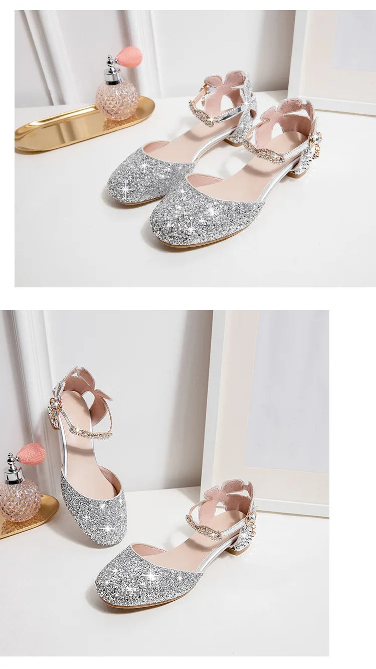 Princess Kids Leather Shoes Girls Sandal Sweet Pearl Casual Glitter Children High Heels Girls Party Dance Shoes Pink Gold Silver