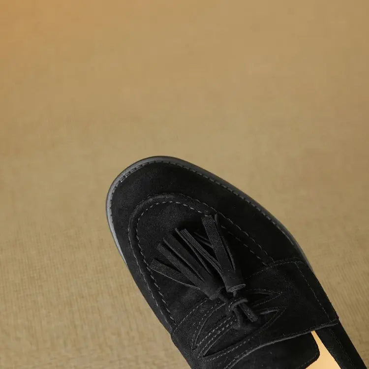Women's loafers leather shoes Spring New Products Genuine leather sheepskin Nubuck Leather Black/Green/Orange Tassel decoration