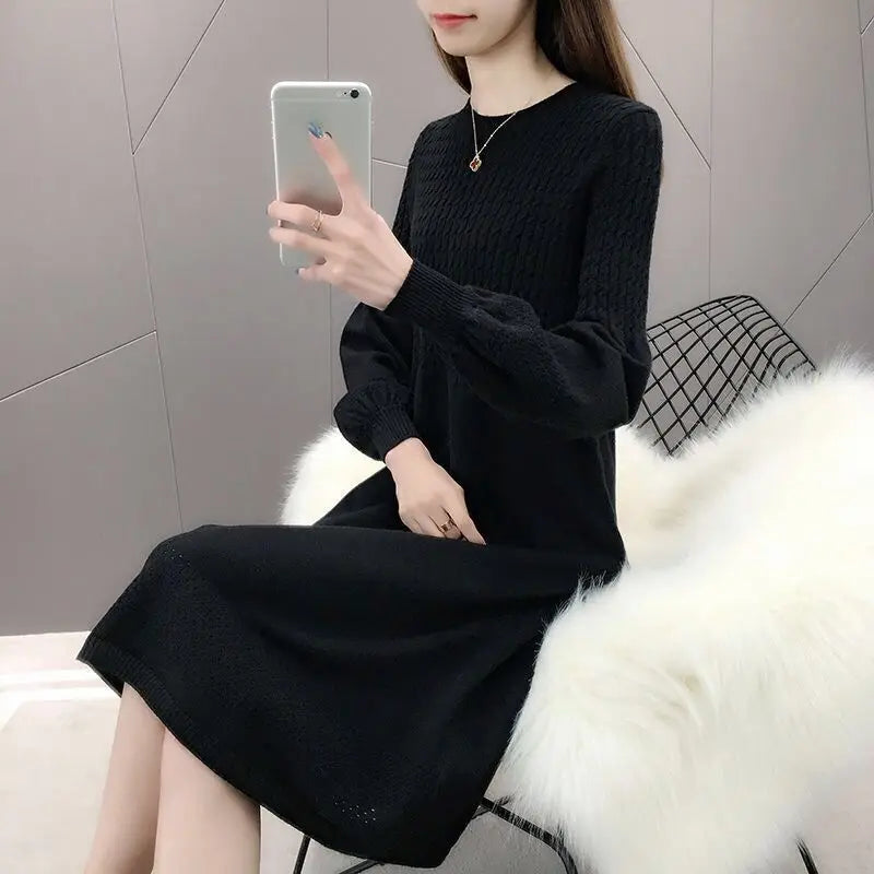 Solid O Neck Long Sleeve Sweaters Jersey Dress Elegant Fashion Harajuku Slim Fit Female Clothes Casual Sweat All Match Dresses