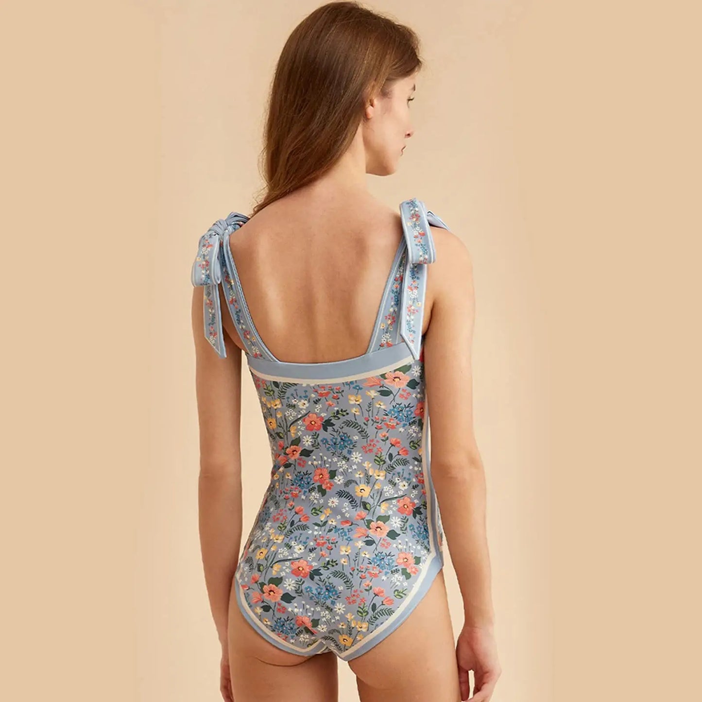 Y2K Floral One Piece Swimsuit Reversible Tie Shoulder Monokini Tummy Control