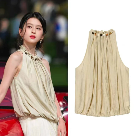 Women's Top 2026 Summer New Khaki Sleeveless Beaded Pleated Halter Neck Top Casual Fashion Versatile