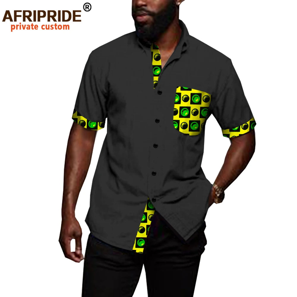 African Shirts for Men Denim Thin Shirt Short Sleeve Pockets Slim Slight Elastic Jeans Cowboy Shirt Clothing Crop Top A2012006