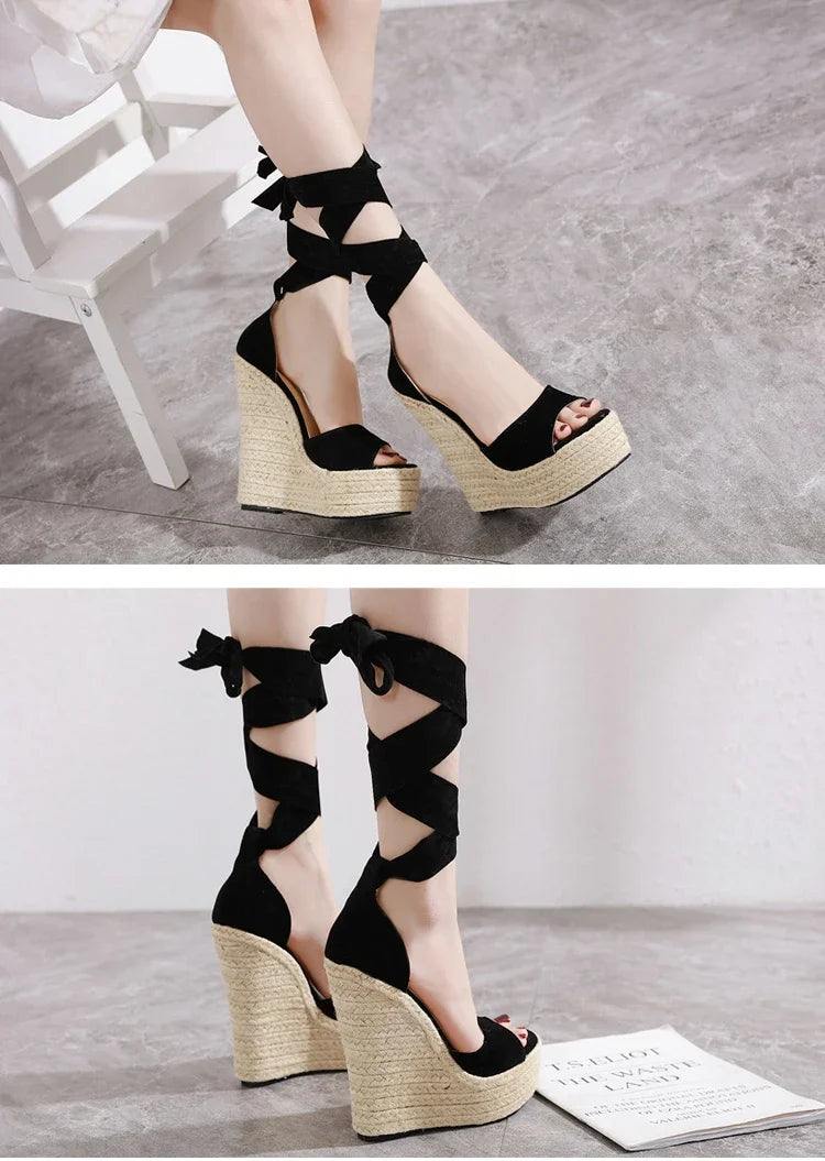 EilyKen Summer Butterfly-Knot Open Toe Women Sandals Fashion Solid Platform High Heel Wedge Shoes Ankle Lace-up Pumps