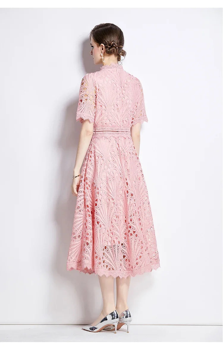 SMTHMA Vintage High-End O-Neck Short Sleeve Lace Hollow Out Dress For Women's Summer Slim Elegant Long Dress Female Clothing
