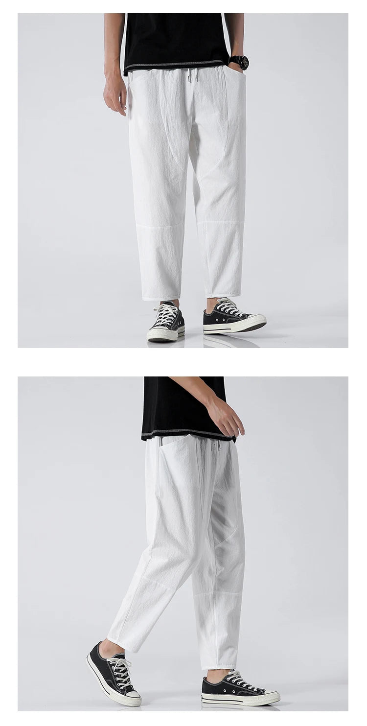 100% Cotton Men's Summer Casual Loose Pants Trendy Japanese Style Cropped Pants for plus Size Men up to 5XL