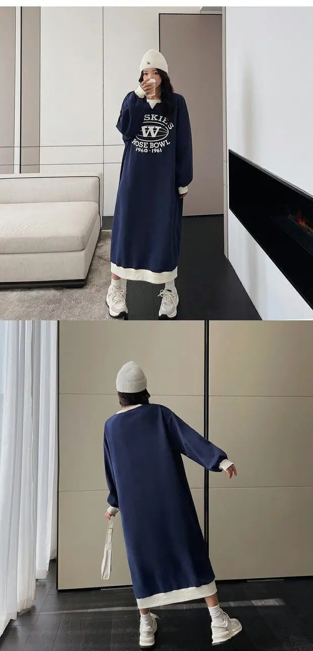 Autumn Winter Fashion Print Letter Fleece Long Dresses Women Round Neck Loose Casual Versatile Warm Simple Long Sleeve Dress
