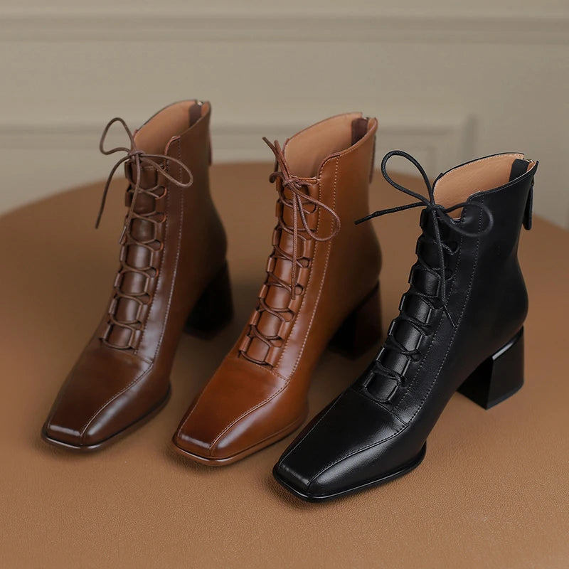 2026 Fashion Women Shoes Split Leather Short Boots Square Toe Chunky Boots Winter Shoes Women Solid High Heel Boots for Women
