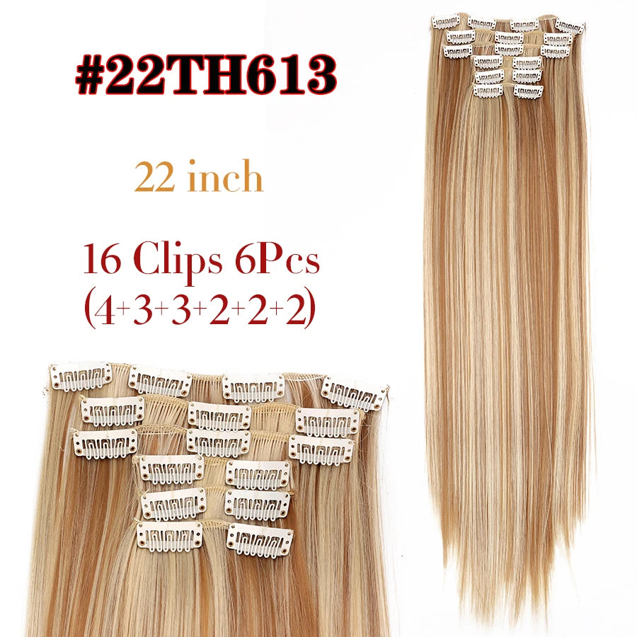 22 Inches Synthetic Long Straight Hairstyle 16 Clips 6Pcs/Set Hair Extensions Blonde Black Hairpieces Heat Resistant For Women