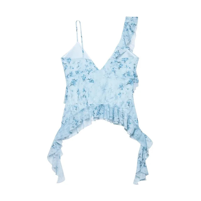MUJER Print Ruffle Tulle Top Women Leopard Backless Tops Woman 2025 Summer Camisole Beach Top Female Sleeveless Tops for Women