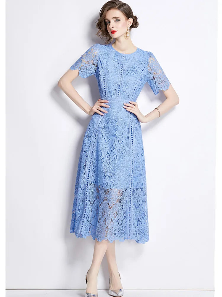 SMTHMA Vintage High-End O-Neck Short Sleeve Lace Hollow Out Dress For Women's Summer Slim Elegant Long Dress Female Clothing