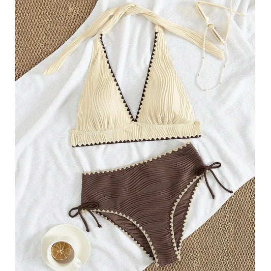 Fashion Contrast Color Bikini Set with Chest Pad High Waist Two Piece Swimsuit Sleeveless Beachwear Holiday