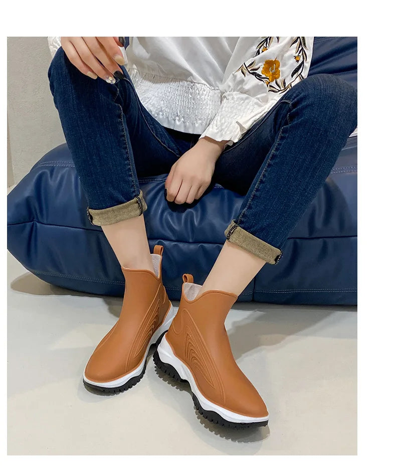 Women Rainboots Slip-on Waterproof Girls Ankle Boots PVC Anti-Slip Spring Autumn Rain Shoes Platform Woman Fishing Rubber Shoes