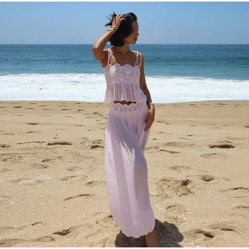 See Through Lace Vest Pant Set Women Beach Sling  Tops Pleated Straight Pants 2026 Summer Vacation Hollow Out Lady Suits