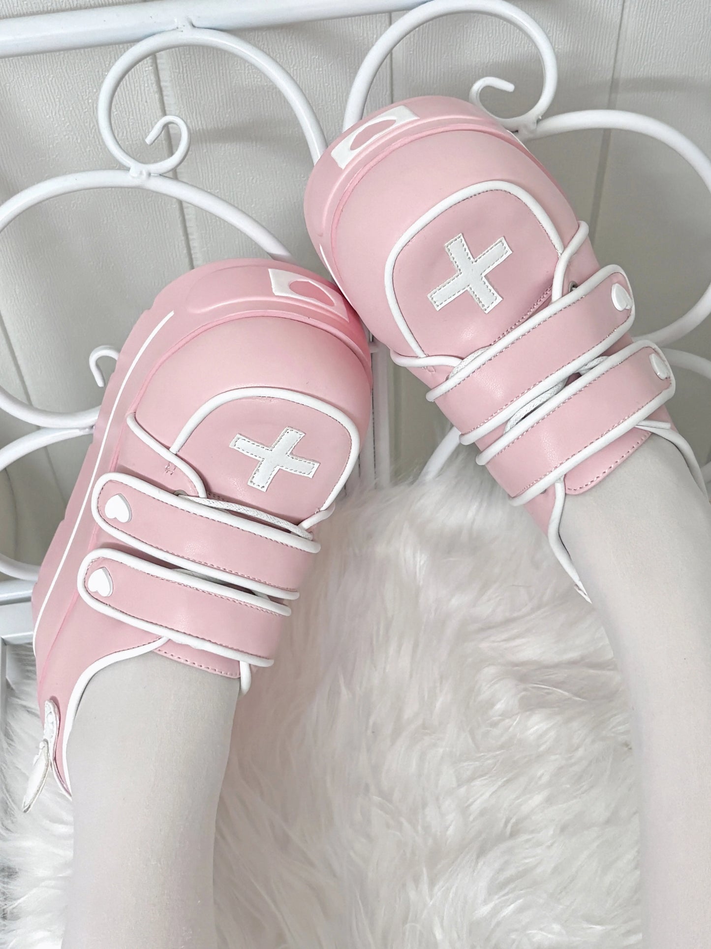 Original Japanese Cute Cross Print Thick-soled Muffin Shoes Subculture Sweet Cool Girl Round Head Pu Leather High Heels Women