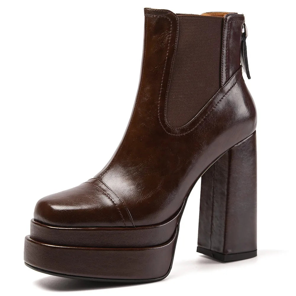 Aucegi Women Genuine Leather Back Zipper Ankle Boots Fashion Square Toe Platform Thick High Heels Party All Match Casual Shoes