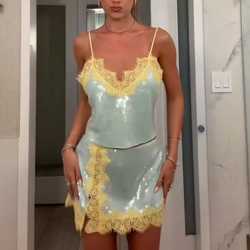 Beach Sequin Women's Dress Y2k Sexy Lace Spliced See Through Strap Mini Summer Dresses New Vacation Casual Party Robe 2026