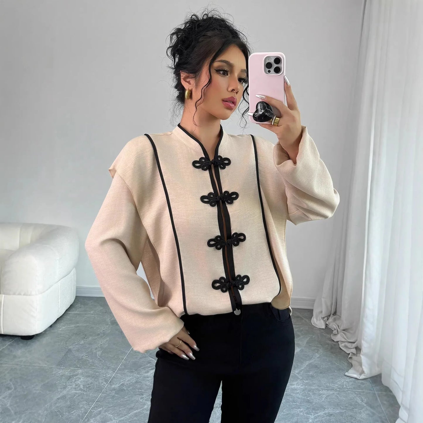 fashion Europe America Features Chinese Knot Design Long-sleeved Ethnic Style Which Casual The New Cross-border Women Shirt