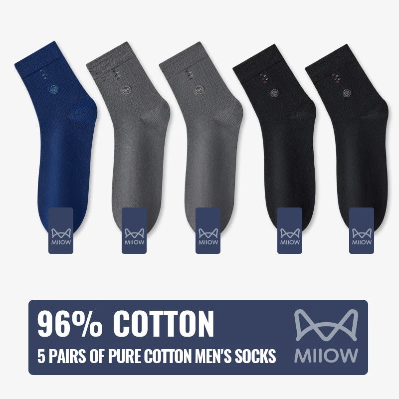 MiiOW 100% Pure Cotton Socks Men Business Dress Long Sock Black White Antibacterial Anti Odor Crew Socks Breathable Sport Sock