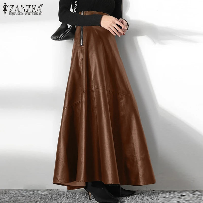 ZANZEA Women's PU Leather Maxi Skirt 2025 Autumn Elegant OL Long Saias Fashion Solid Mujer Faldas Casual High Waist Zipper Jupe