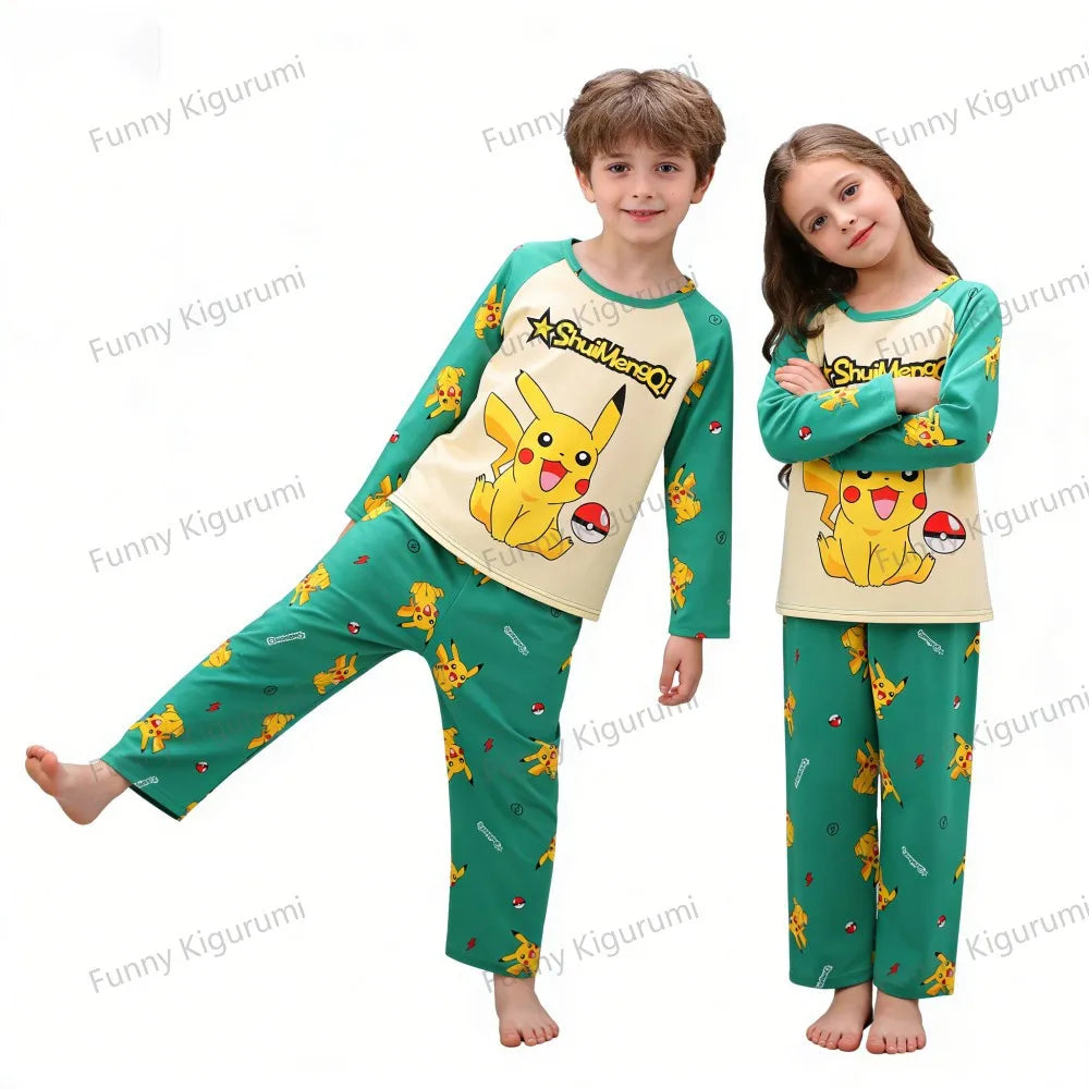 Cartoon Pijamas for Kids 3 to 5 7 9 11 13 Years Clothing Sets Boys Home Wear Girls Full Sleeve Pikachu Pajamas Teen Loungewear