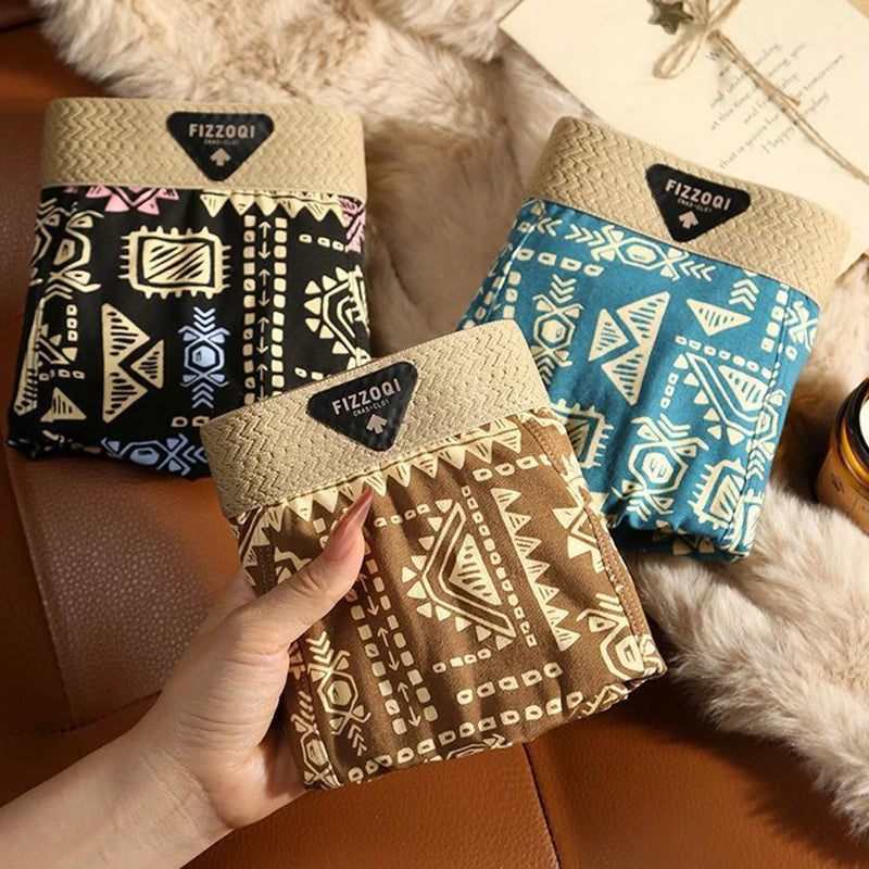 3PCS Retro Style Men's Underwear with Personalized Printed Men Boxer Shorts Breathable Trendy Style Men's Flat Corner Underwears