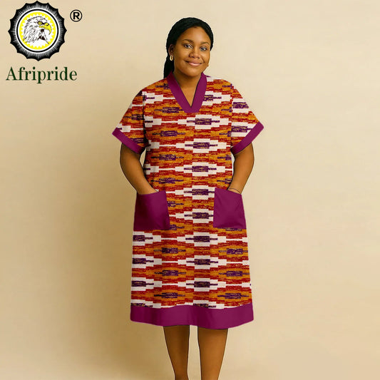 African Dresses for Women Short Sleeve V-Neck High Waist Pocket Elegant Fashion Ankara Attire Floral Printed Dresses 2625032