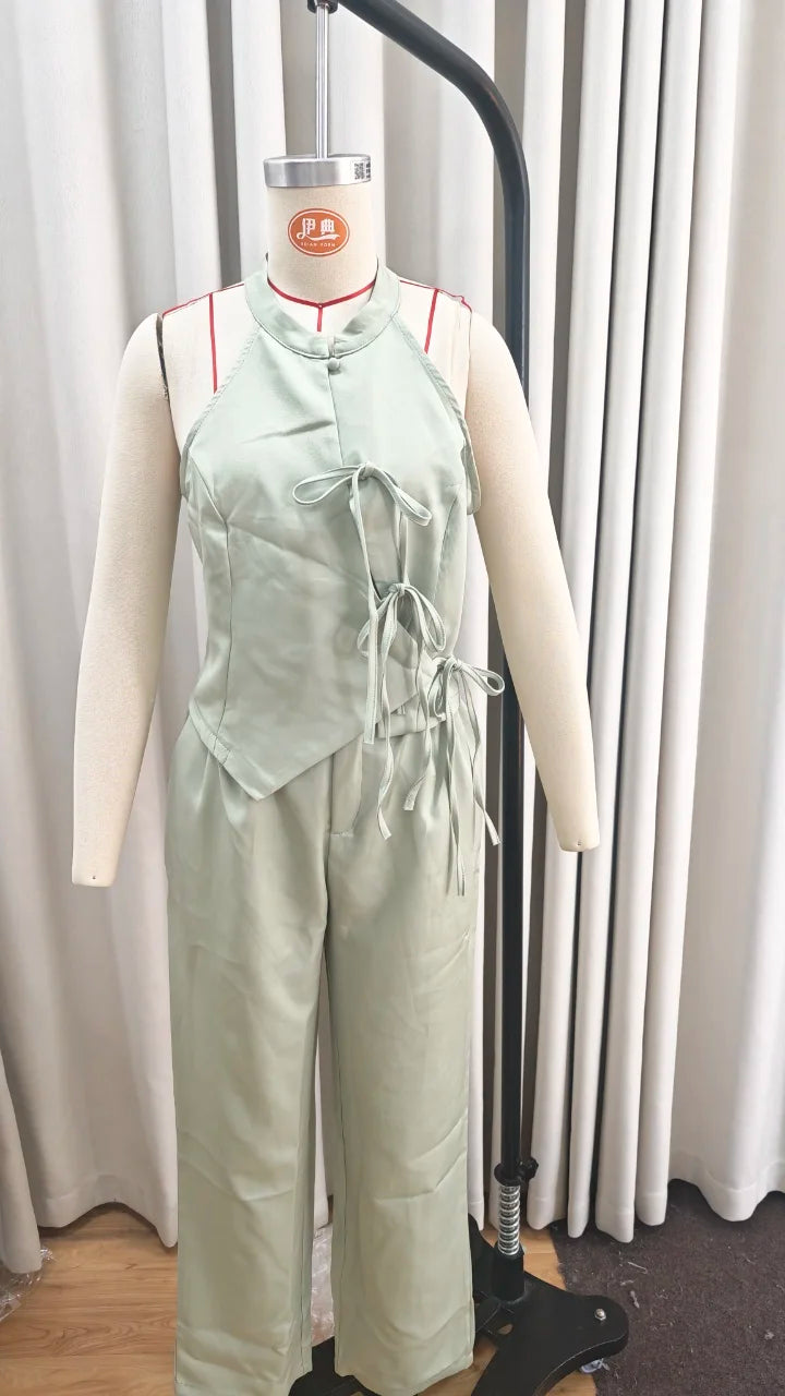 Women Green Bowknot Wide-leg Pant Suits Chic Solid Sleeveless Lace Up Slim Fit Long Pant Sets 2026 Lady Daily Street Outfits New
