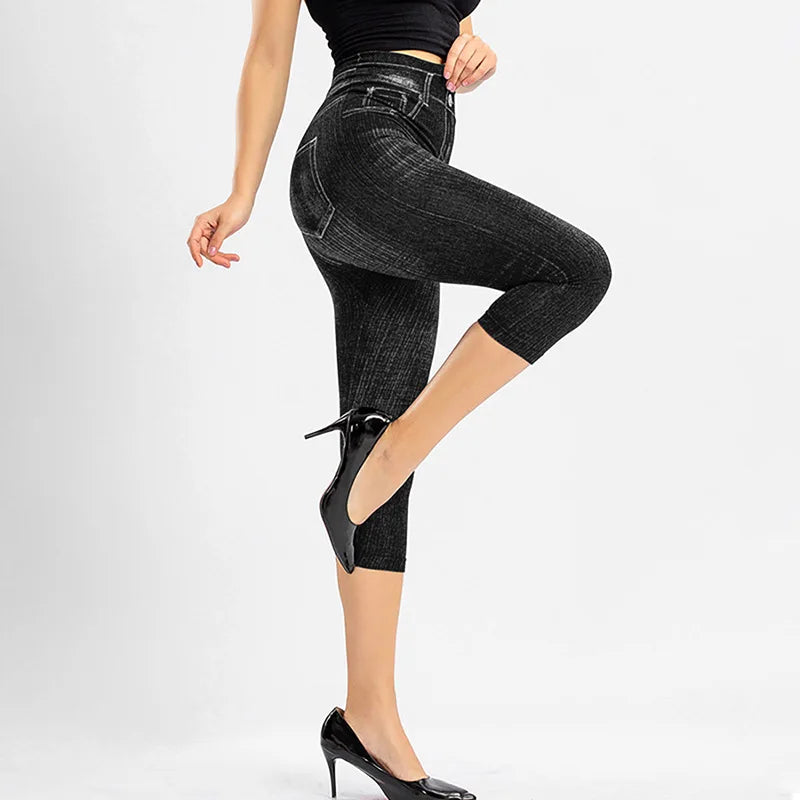1pcs Womens Denim Print Leggings Female Fashion Slim Leggings Faux Jeans Leggings Lady Stretch Printed Leggins Pants Capri Pants