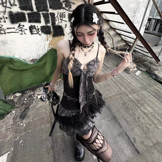 Sexy A-line Short Dress Girl Streetwear Punk Hotsweet City Goth Clothing Y2K Summer Coquette Top 2000s Party Skirt Sling Dresses