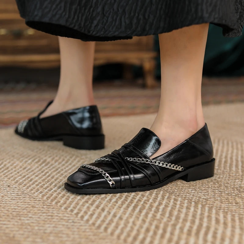 Dilalula 2025 Luxury Genuine Leather Loafers Womens Autum Spring Low Thick Heels Chain Pumps Female Leisure Natural Leather