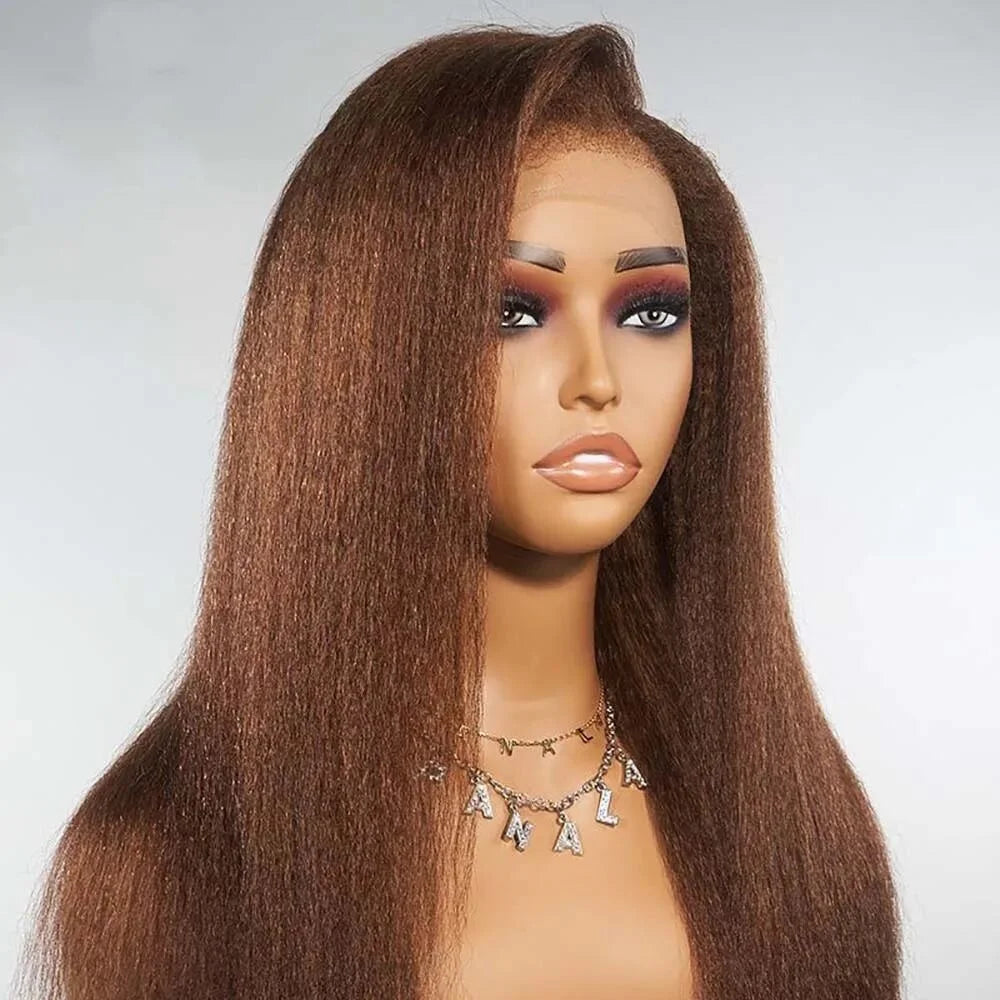 180Density Soft 26“Long Kinky Straight Yaki Soft Brown Preplucked Lace Front Wig Synthetic For Women Heat Resistant Glueless