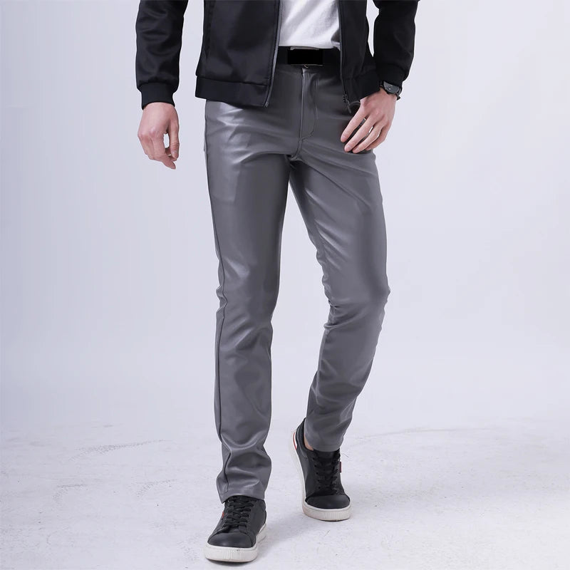 Men Leather Pants Skinny Fit Elasti Fashion PU Leather Trousers Motorcycle Pants Wet Look Stretch Faux Leather Streetwear