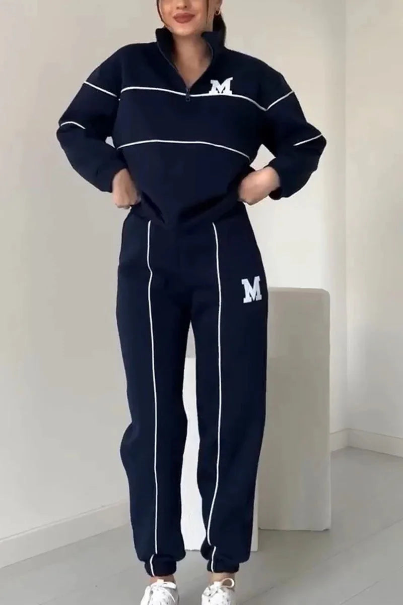 Autumn Winter New Fashion Letter Print Sweatshirt Set Casual Zipper Half Open Collar Long-sleeve Top + Sweatpants Two-piece Suit BAZAARHUBO