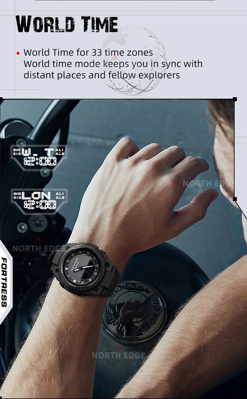 NORTH EDGE FORTRESS 2026 Men's Military Digital Watch Outdoor Sports Waterproof 50M Watches World Time Countdown LED Wristwatch
