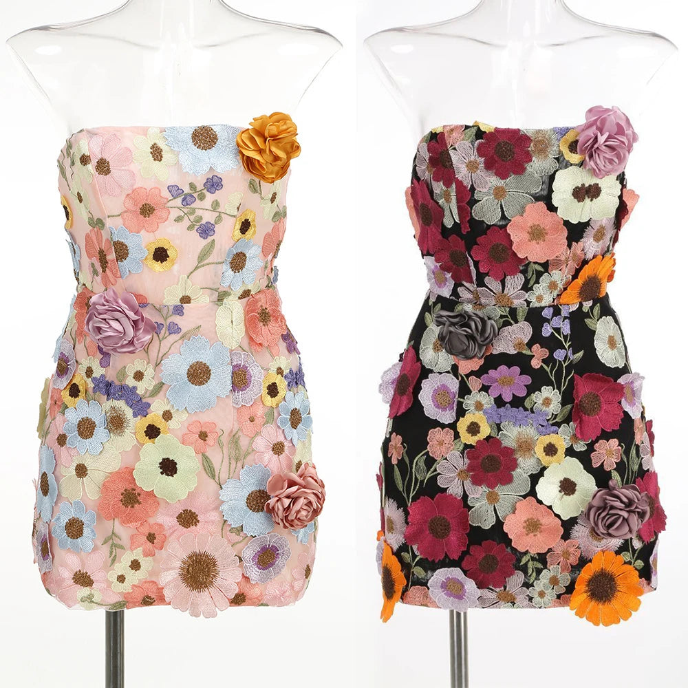 Women's 3D Floral Embroidery Backless Sleeveless Mini Dress Self Tie Evening Gown Elegant Short Dress for Party Cocktail Wedding