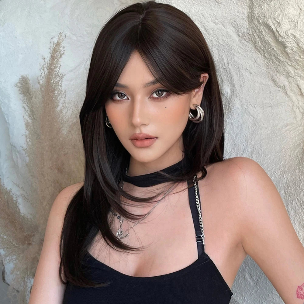 Dark Brown Black Synthetic Wigs Long Straight Layered Wig with Bangs Cosplay Party for Women Afro Natural Heat Resistant Hair