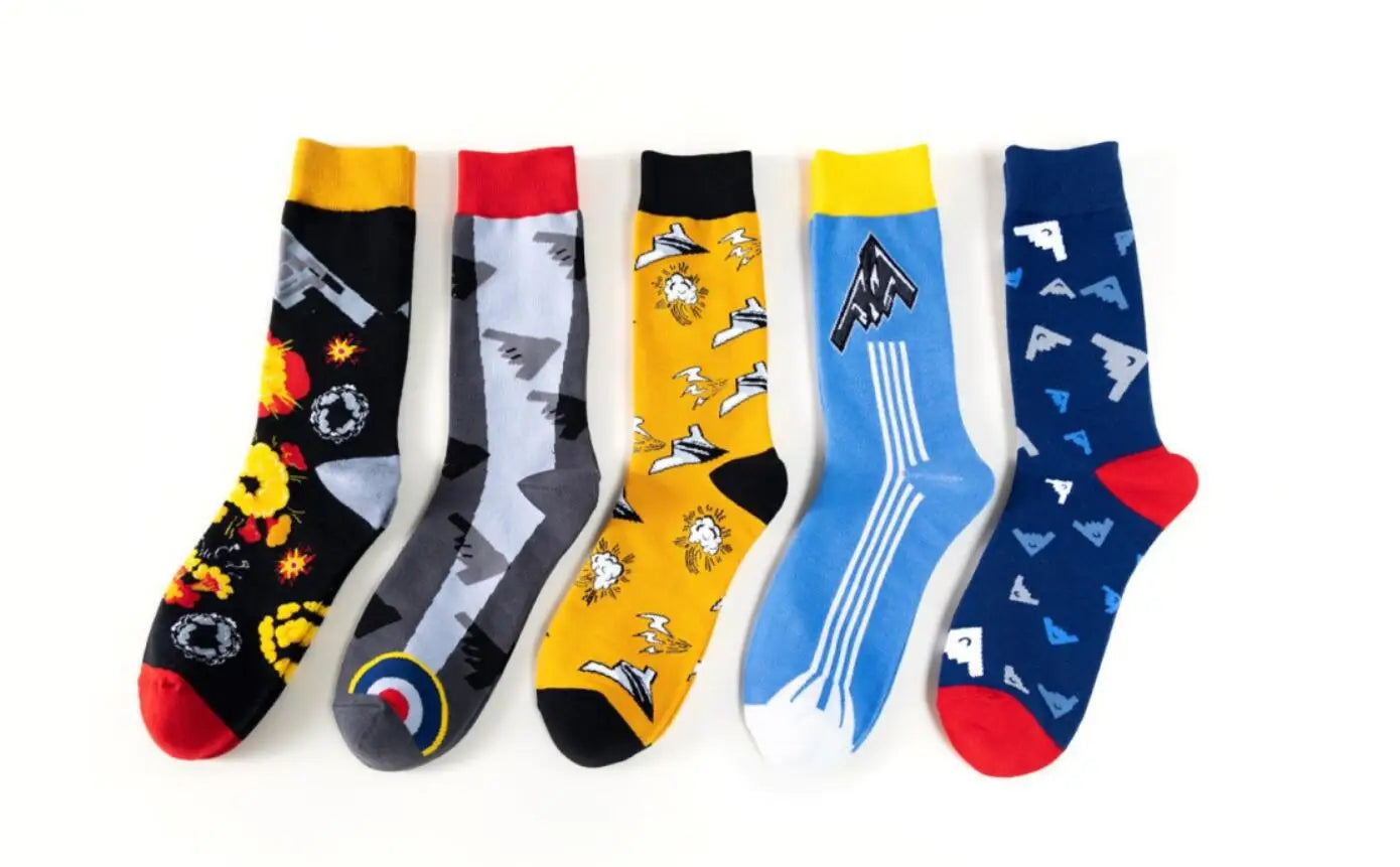 New Fighter Jet Fighter Carrier Aircraft Pattern Socks for Aviation Enthusiasts Stealth Men Crazy Party Crew Socks Cotton